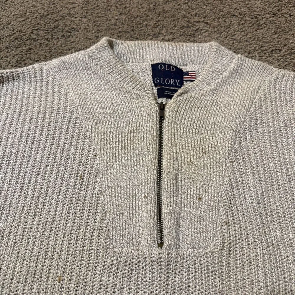 Vintage Old Glory‎ Mens Quarter Zip Pullover L Sweater 100% Cotton Chunky Knit